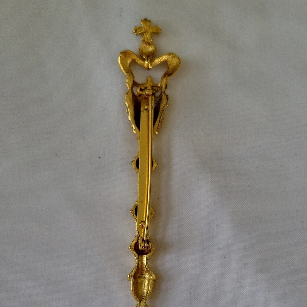 Vintage Gold Tone Crown Cross Scepter Pin